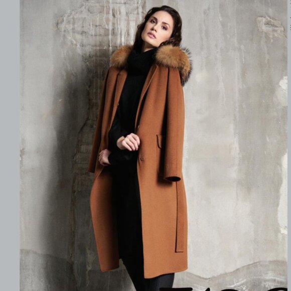 JUNGE Cinnamon Wool Blend Fur Hooded Trench Coat Fits10 - Picture 15 of 16